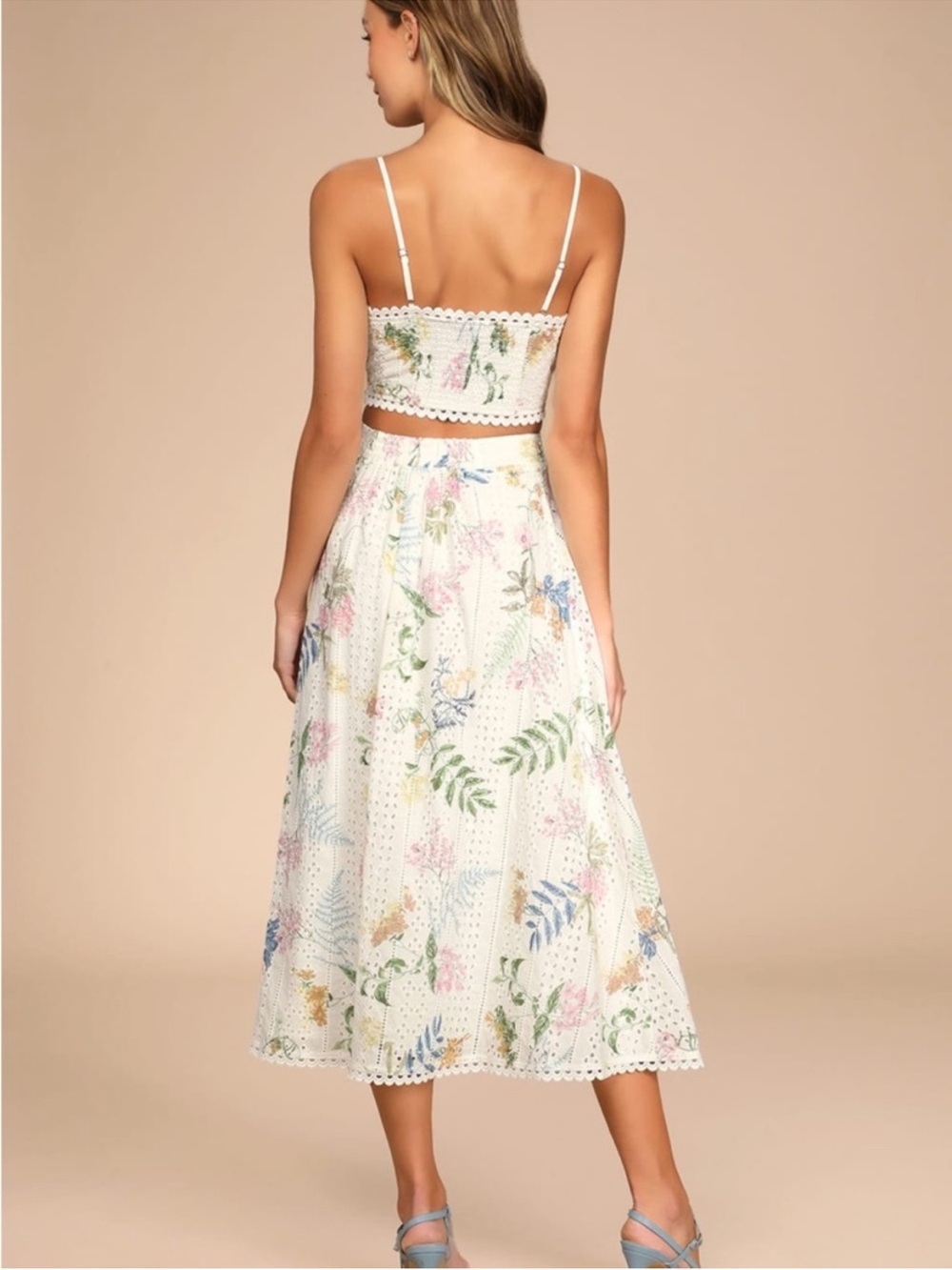 Lulu's White Floral Two-Piece Eyelet Skirt  Set Sz:S - Picture 3 of 14
